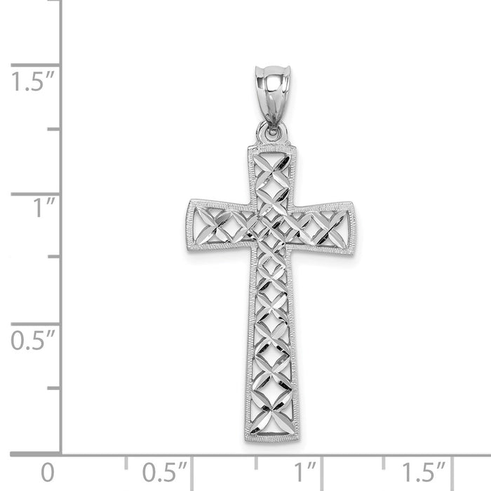 Million Charms 14K White Polished & Diamond-Cut Relgious Cross Pendant