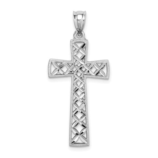 Million Charms 14K White Polished & Diamond-Cut Relgious Cross Pendant