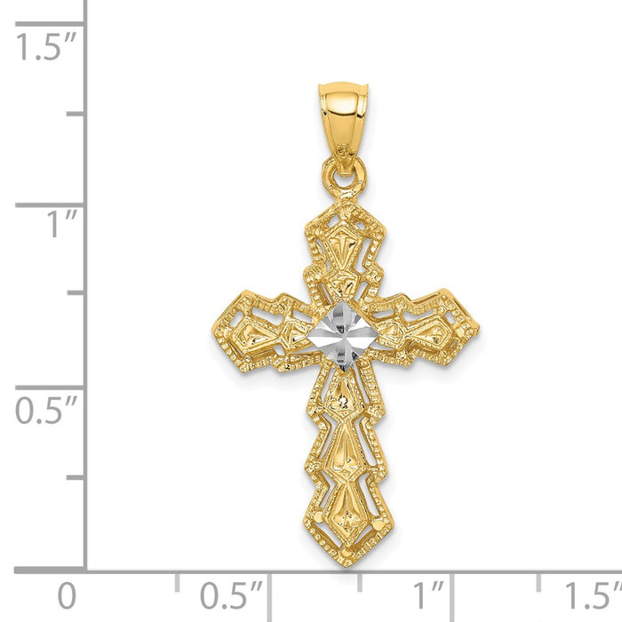 Million Charms 14K Yellow Gold Themed With Rhodium-plated Polished, Diamond-Cut Relgious Cross Pendant