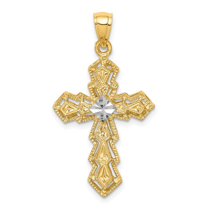 Million Charms 14K Yellow Gold Themed With Rhodium-plated Polished, Diamond-Cut Relgious Cross Pendant