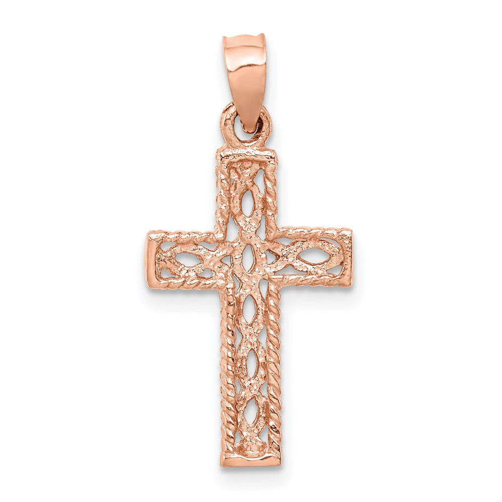 Million Charms 14K Rose Gold Themed Polished Braided Relgious Cross Pendant
