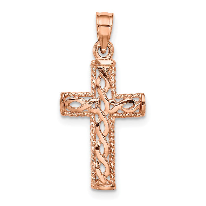 Million Charms 14K Rose Gold Themed Polished Braided Relgious Cross Pendant