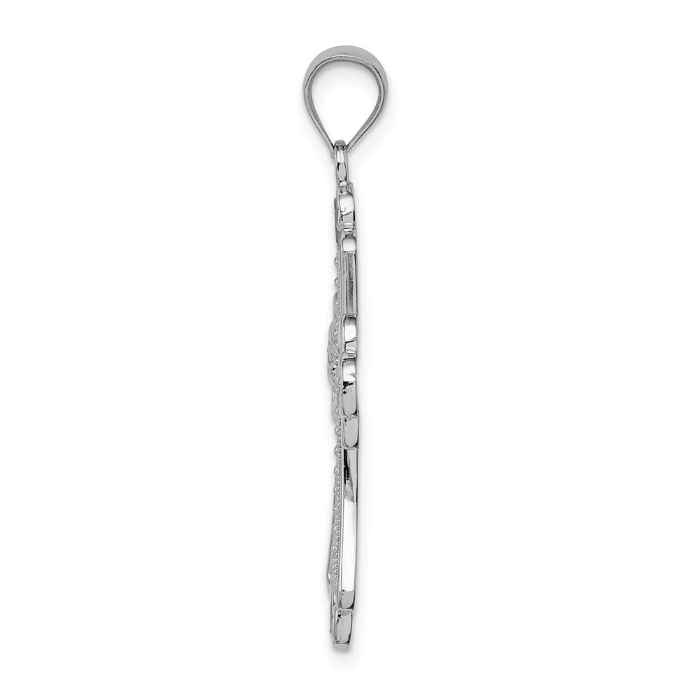 Million Charms 14K White Polished Diamond-Cut Textured Relgious Cross Pendant
