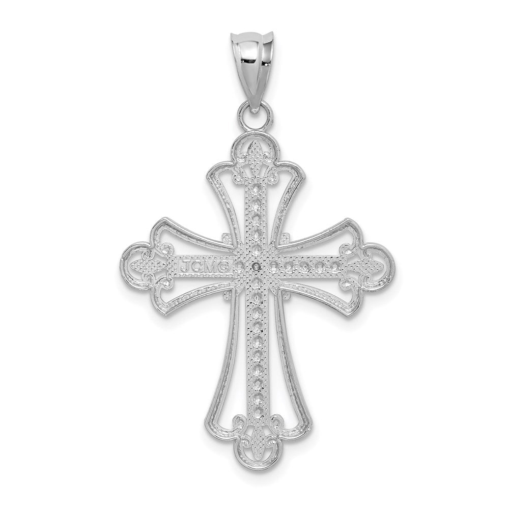 Million Charms 14K White Polished Diamond-Cut Textured Relgious Cross Pendant