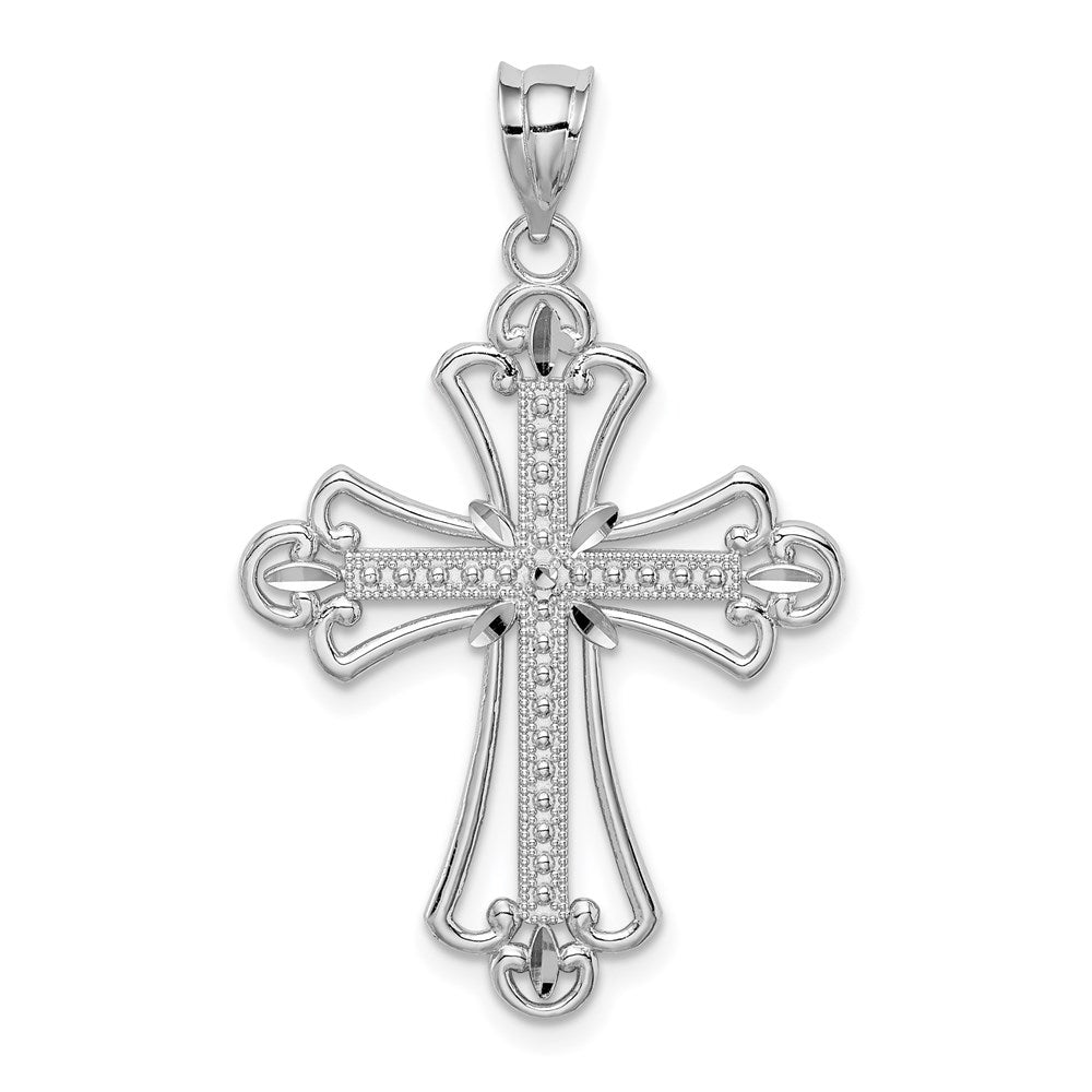 Million Charms 14K White Polished Diamond-Cut Textured Relgious Cross Pendant