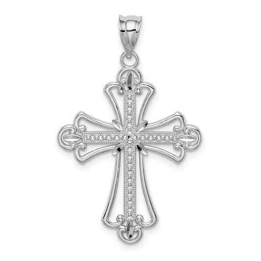 Million Charms 14K White Polished Diamond-Cut Textured Relgious Cross Pendant