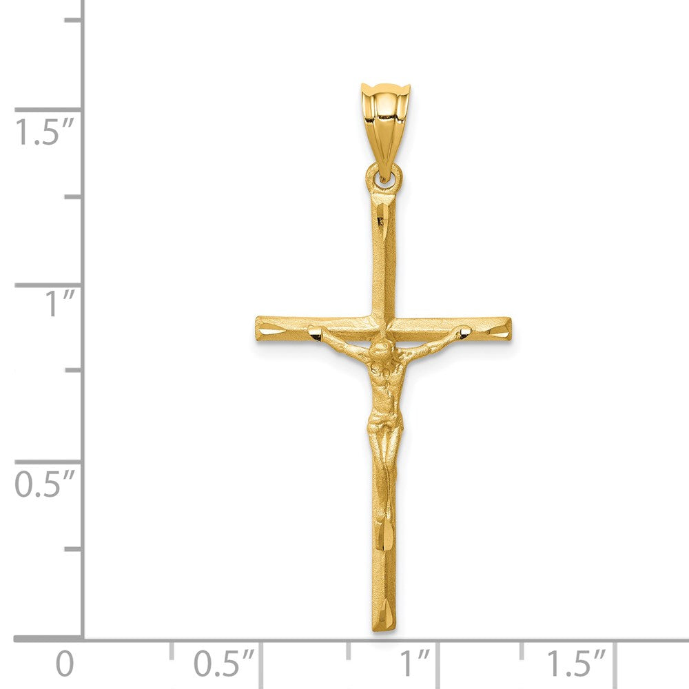 Million Charms 14K Yellow Gold Themed Brushed & Diamond-Cut Relgious Crucifix Relgious Cross Pendant