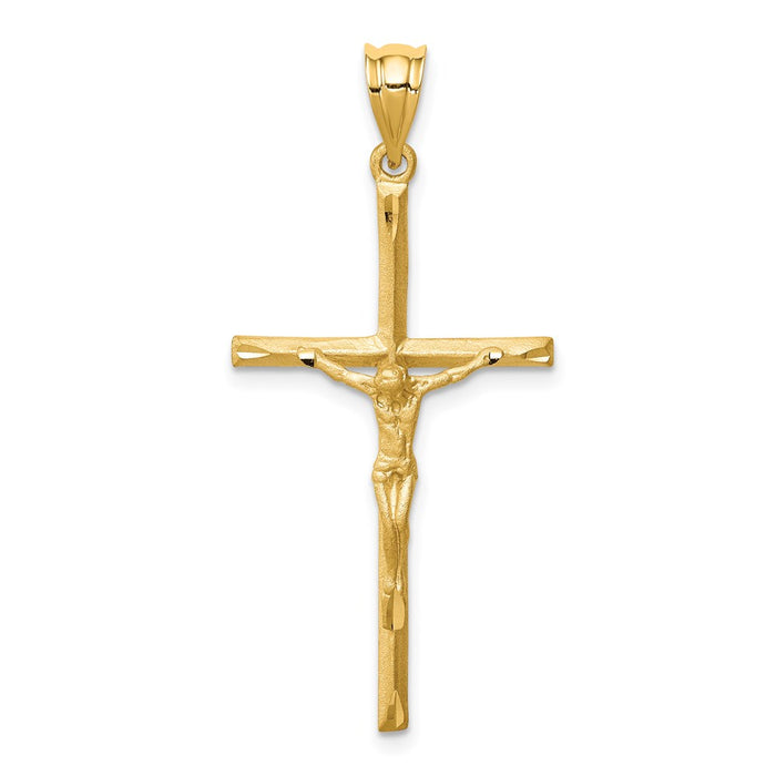 Million Charms 14K Yellow Gold Themed Brushed & Diamond-Cut Relgious Crucifix Relgious Cross Pendant