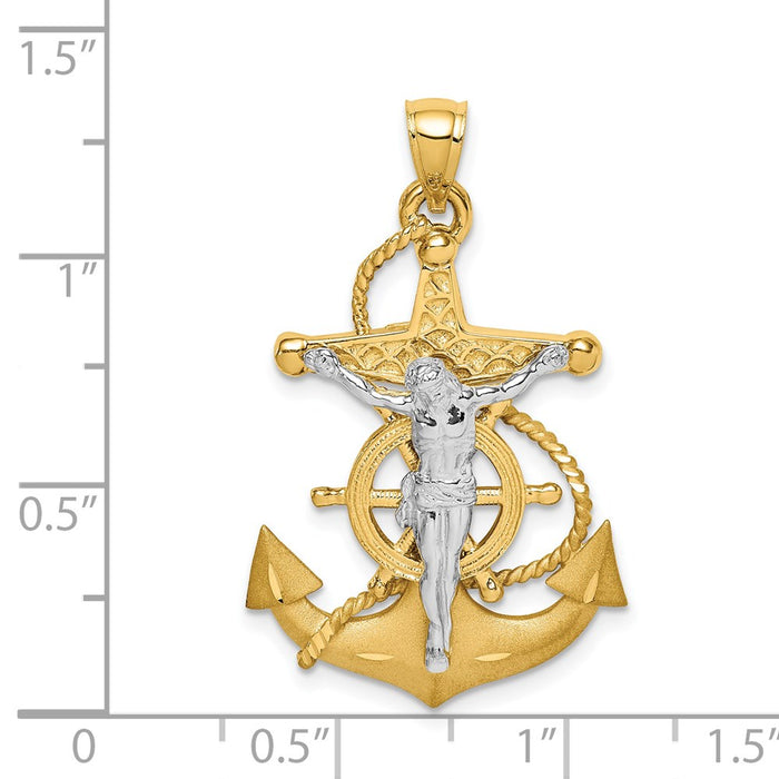 Million Charms 14K Two-Tone Polished/Satin Diamond-Cut Mariner Relgious Cross Pendant