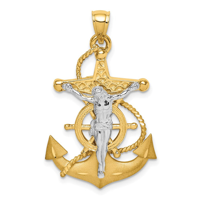 Million Charms 14K Two-Tone Polished/Satin Diamond-Cut Mariner Relgious Cross Pendant