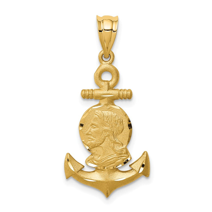 Million Charms 14K Yellow Gold Themed Brushed & Diamond-Cut Jesus Head Nautical Anchor Pendant