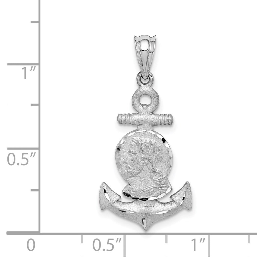 Million Charms 14K White Brushed & Diamond-Cut Jesus Head Nautical Anchor Pendant