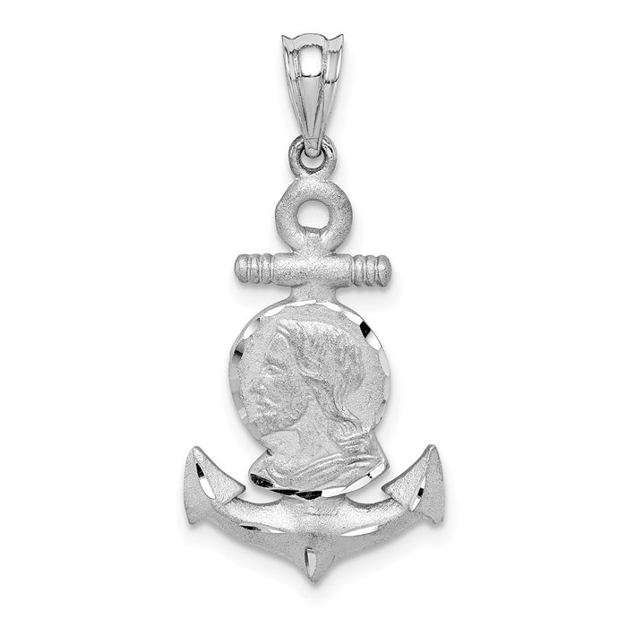 Million Charms 14K White Brushed & Diamond-Cut Jesus Head Nautical Anchor Pendant