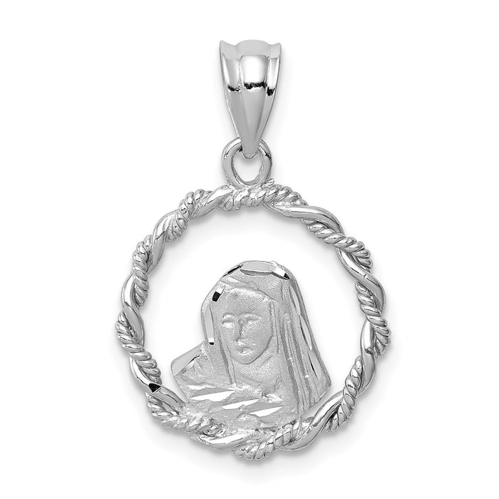 Million Charms 14K White Brushed & Polished Diamond-Cut Virgin Mary Pendant