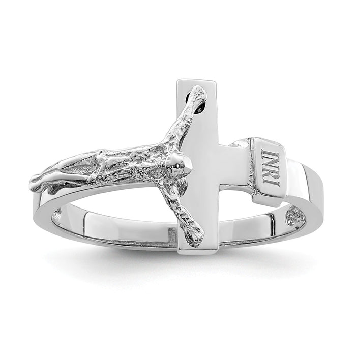 14K White Polished INRI Crucifix Ring, Size: 7