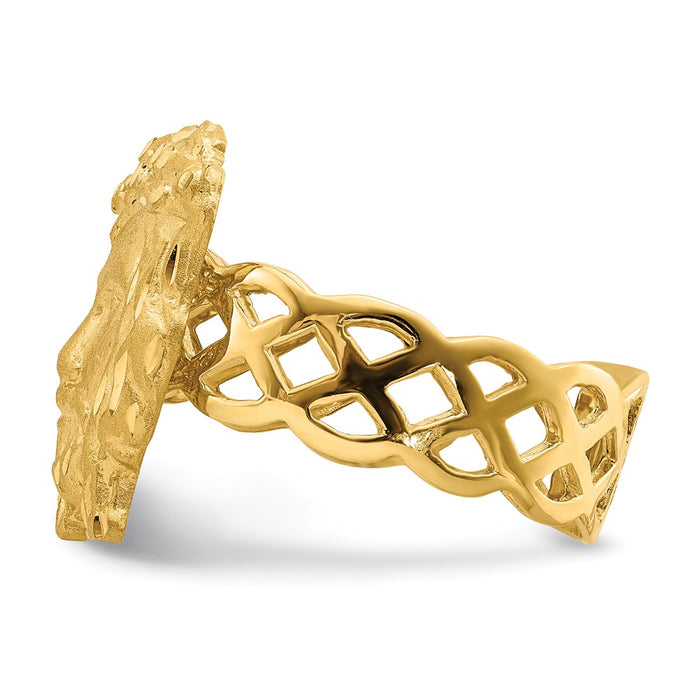 14k Yellow Gold Brushed & Polished Diamond-cut Jesus Head Ring, Size: 7