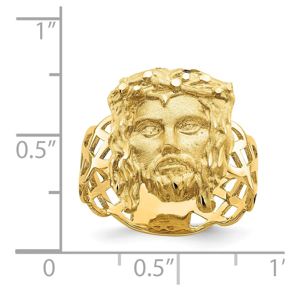 14k Yellow Gold Brushed & Polished Diamond-cut Jesus Head Ring, Size: 7
