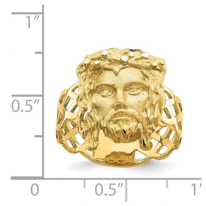 14k Yellow Gold Brushed & Polished Diamond-cut Jesus Head Ring, Size: 7
