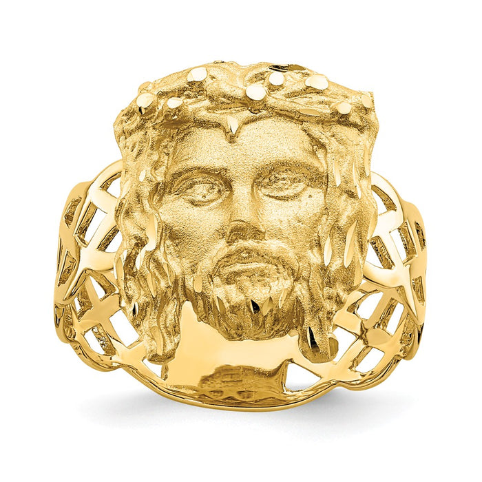 14k Yellow Gold Brushed & Polished Diamond-cut Jesus Head Ring, Size: 7