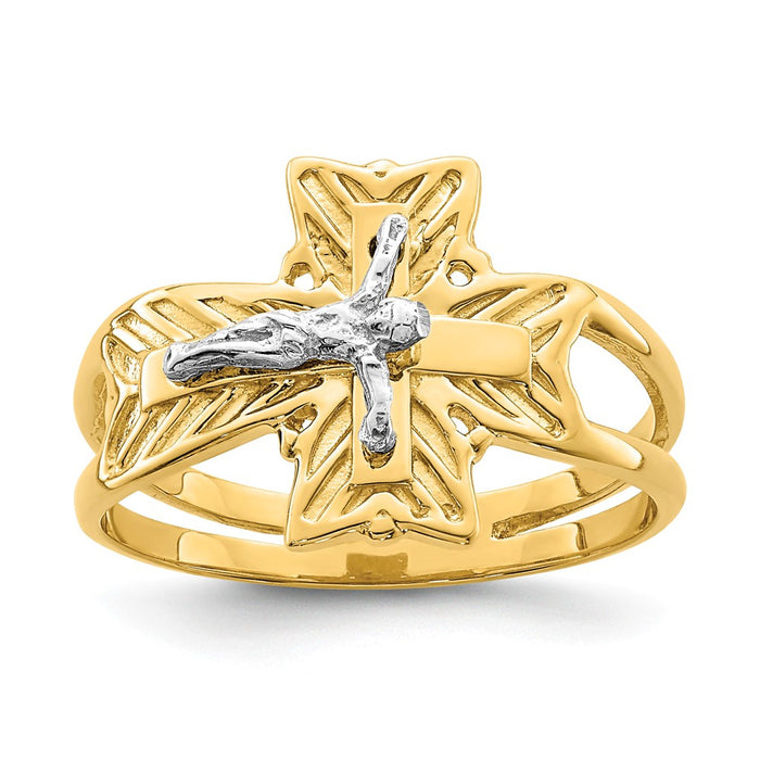 14K Two-Tone Gold Polished Crucifix Ring, Size: 7