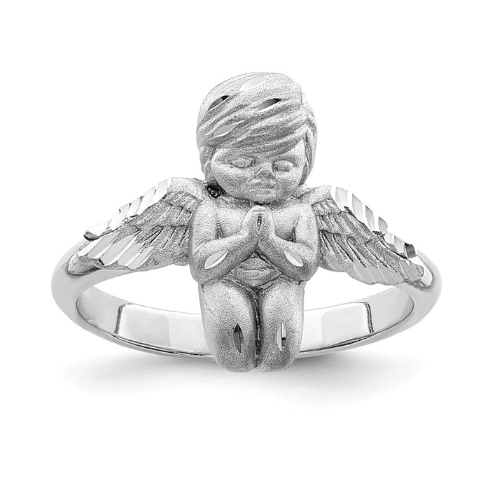 14K White Polished & Brushed Diamond-cut Praying Angel Ring, Size: 7