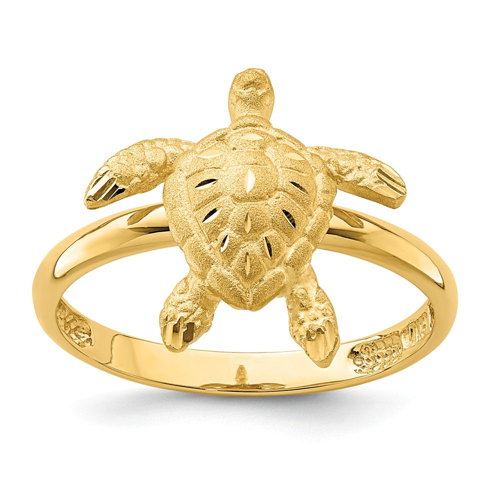 14k Yellow Gold Brushed & Polished Diamond-cut Turtle Ring, Size: 7