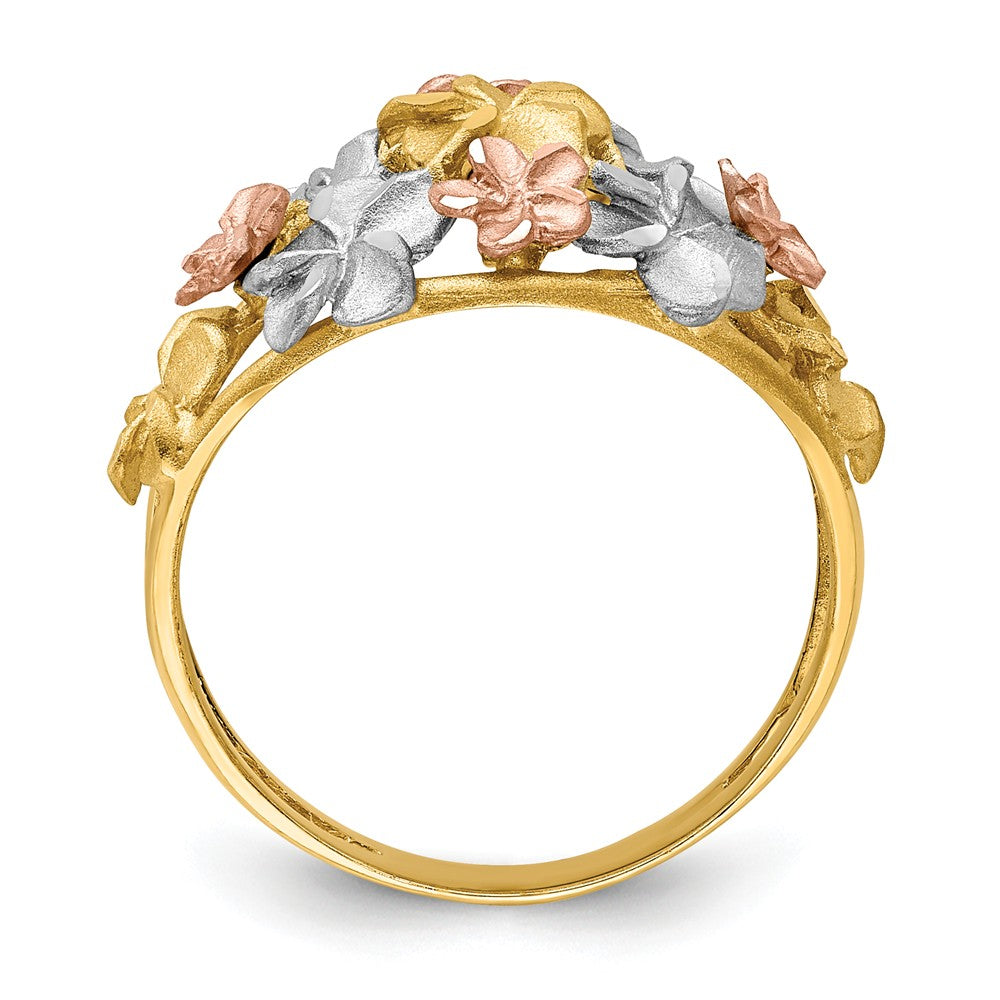 14K Two-Tone Gold & White Rhodium Brushed & Polished Diamond-cut Plumeria Ring, Size: 7