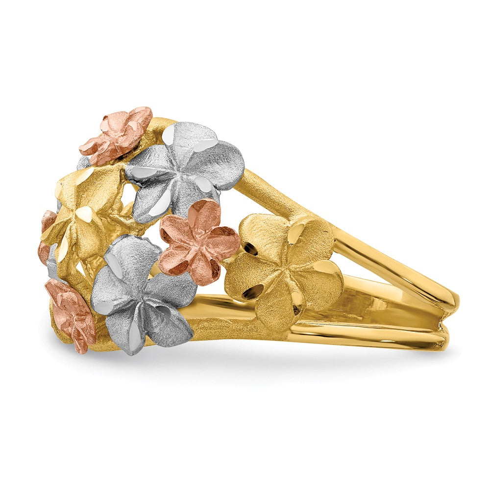 14K Two-Tone Gold & White Rhodium Brushed & Polished Diamond-cut Plumeria Ring, Size: 7