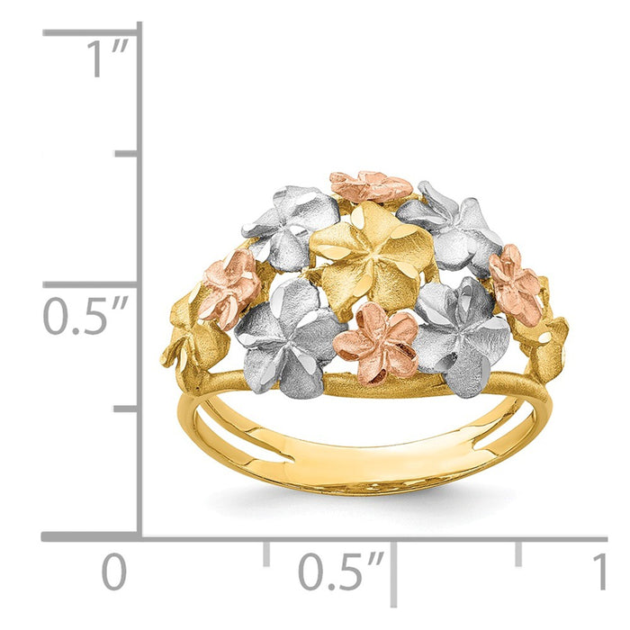 14K Two-Tone Gold & White Rhodium Brushed & Polished Diamond-cut Plumeria Ring, Size: 7