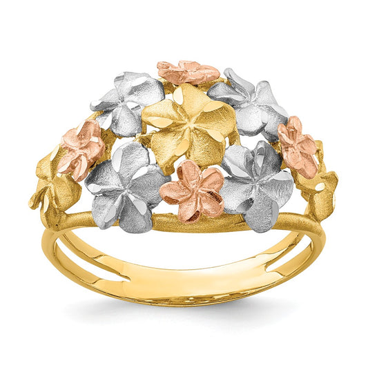 14K Two-Tone Gold & White Rhodium Brushed & Polished Diamond-cut Plumeria Ring, Size: 7