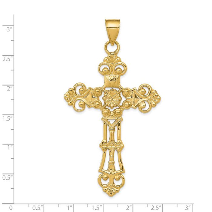 Million Charms 14K Yellow Gold Themed Fleur De Lis Large Relgious Cross Pendant