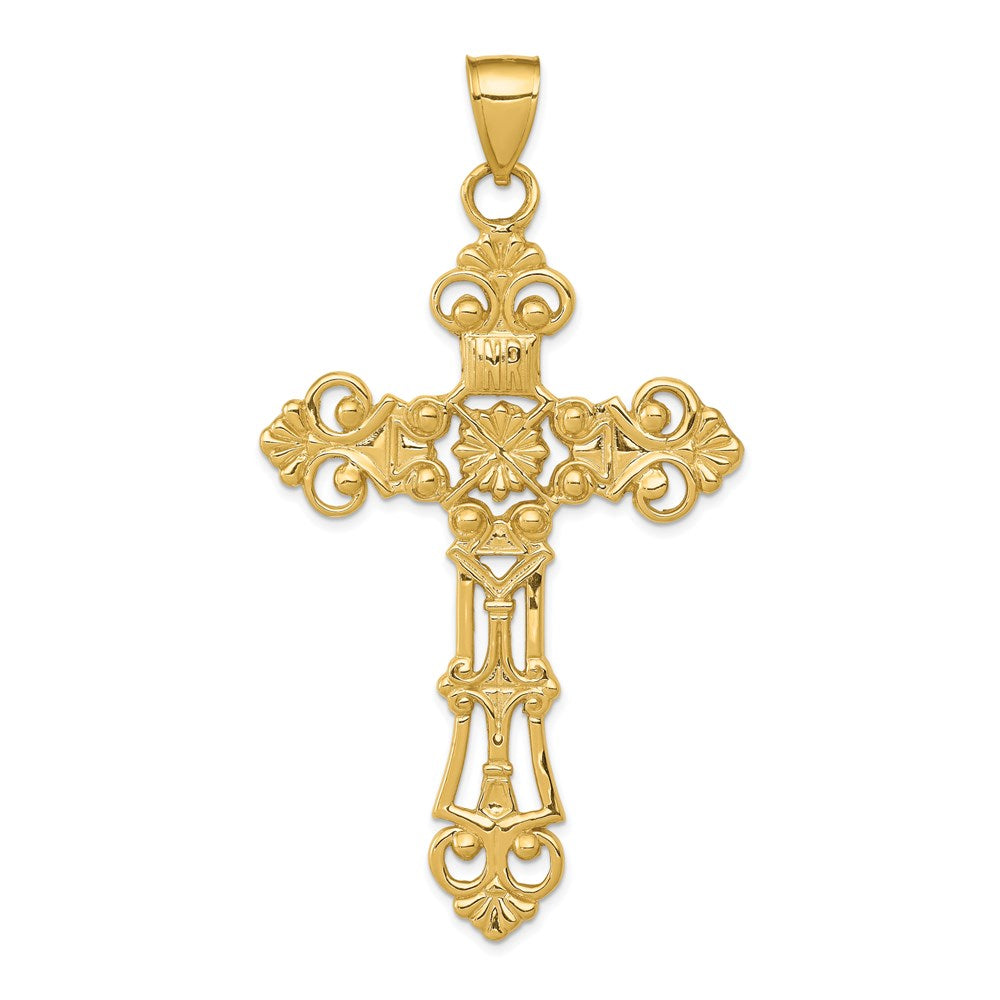 Million Charms 14K Yellow Gold Themed Fleur De Lis Large Relgious Cross Pendant