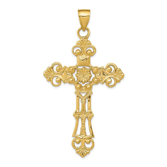 Million Charms 14K Yellow Gold Themed Fleur De Lis Large Relgious Cross Pendant
