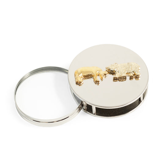 Occasion Gallery Chrome Color "Stock Market", Chrome Plated Paperweight & Fold Out Magnifier with 3X Magnification. 2.75 L x 2.75 W x 0.65 H in.