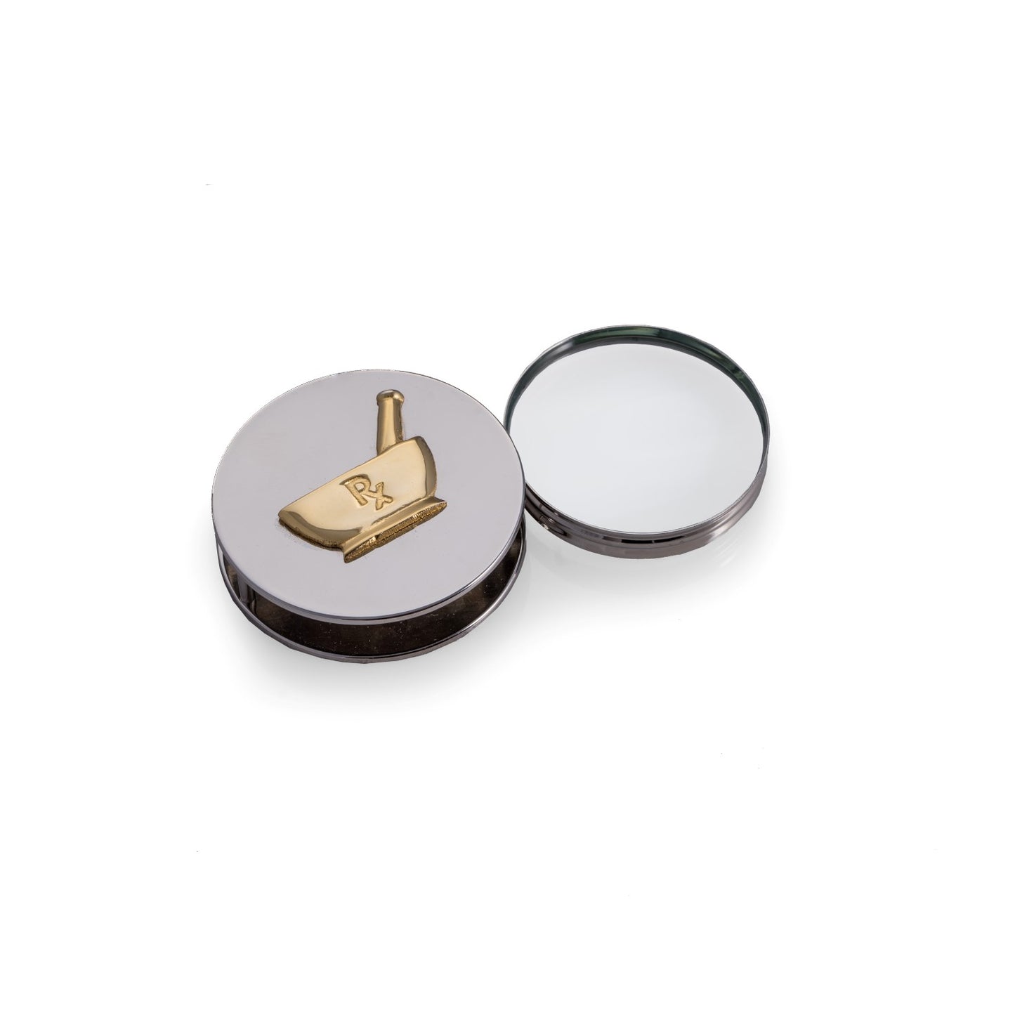 Occasion Gallery Chrome Color "Pharmacy", Chrome Plated Paperweight & Fold Out Magnifier with 3X Magnification. 2.75 L x 2.75 W x 0.65 H in.