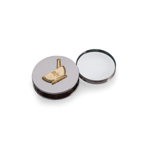 Occasion Gallery Chrome Color "Pharmacy", Chrome Plated Paperweight & Fold Out Magnifier with 3X Magnification. 2.75 L x 2.75 W x 0.65 H in.