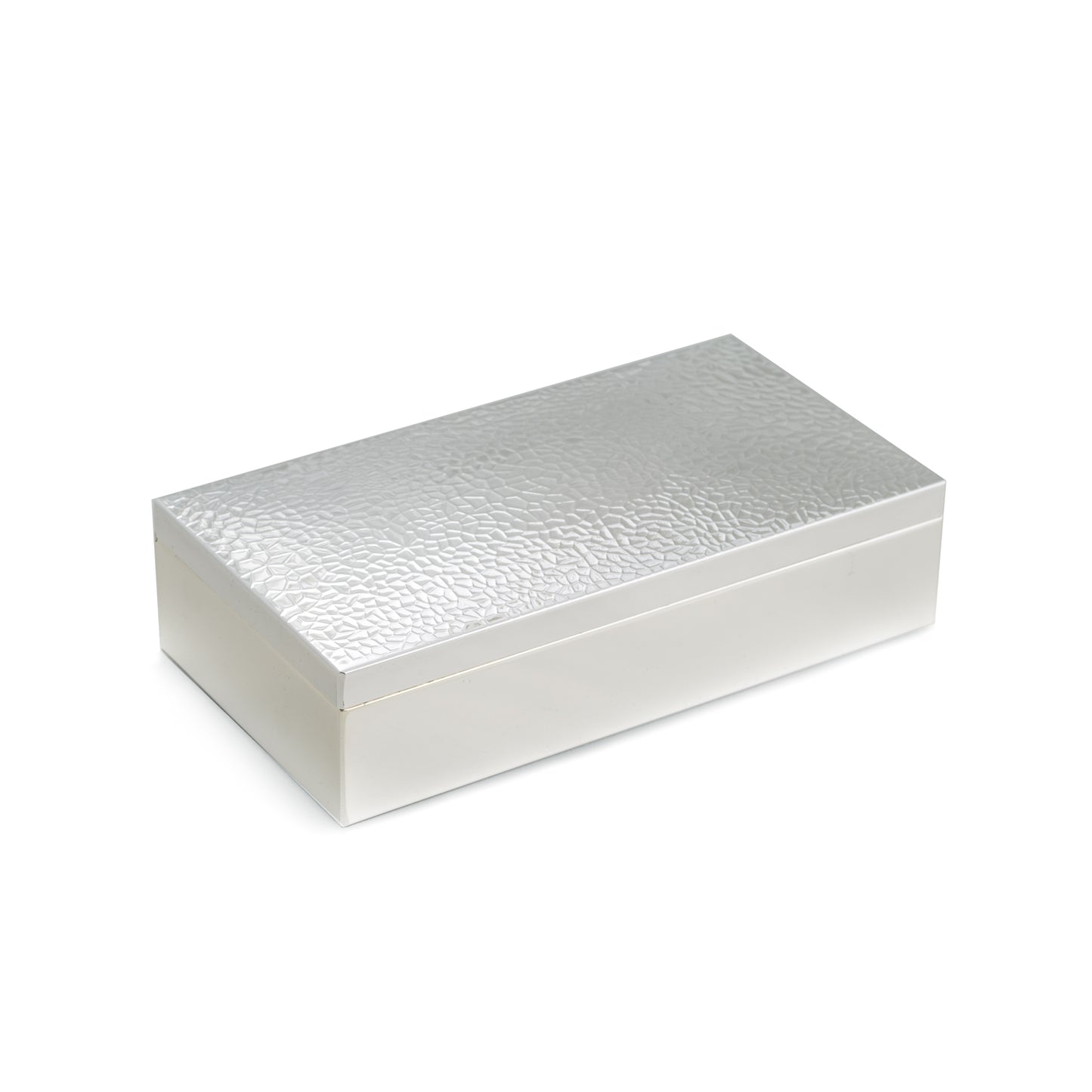 Occasion Gallery Silver Color Silver Plated 8 3/4" x 4 3/4"  Rectangular Hinged Box with Textured Design and Black Velvet Lining. 8.75 L x 4.75 W x 2 H in.