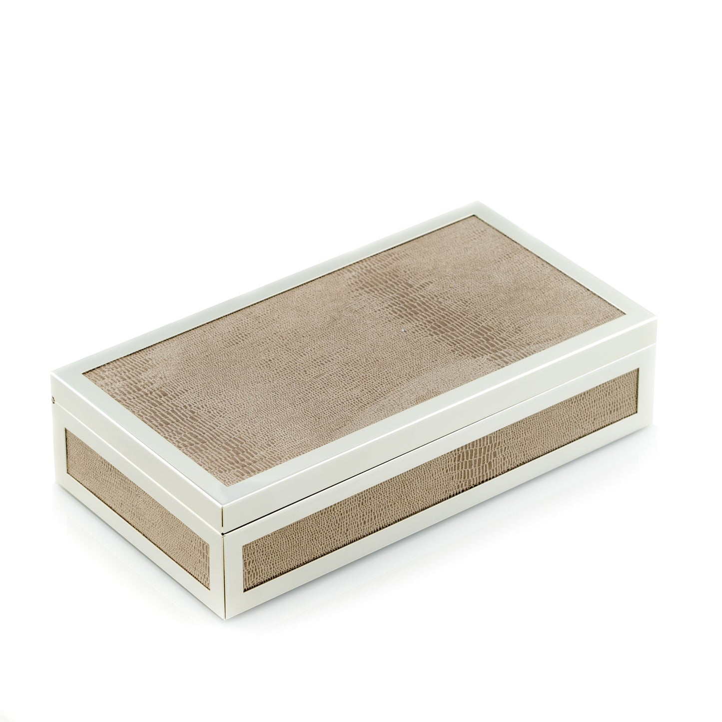 Occasion Gallery Silver Color Silver Plated 8 3/4" x 4 1/2"  Rectangular Hinged Box with "Lizard" Fabric Design and Black Velvet Lining. 8.75 L x 4.65 W x 2.25 H in.