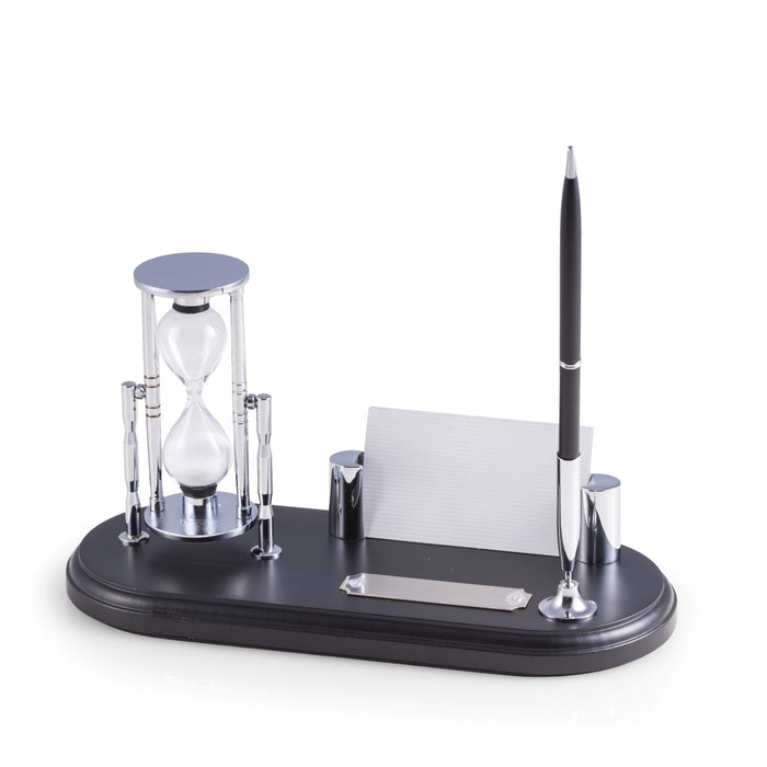 Occasion Gallery Black/Chrome Color Black Wood & Chrome Plated Pen Stand with 3 Minute Sand Timer and Business Card Holder. 9.5 L x 4 W x 5 H in.
