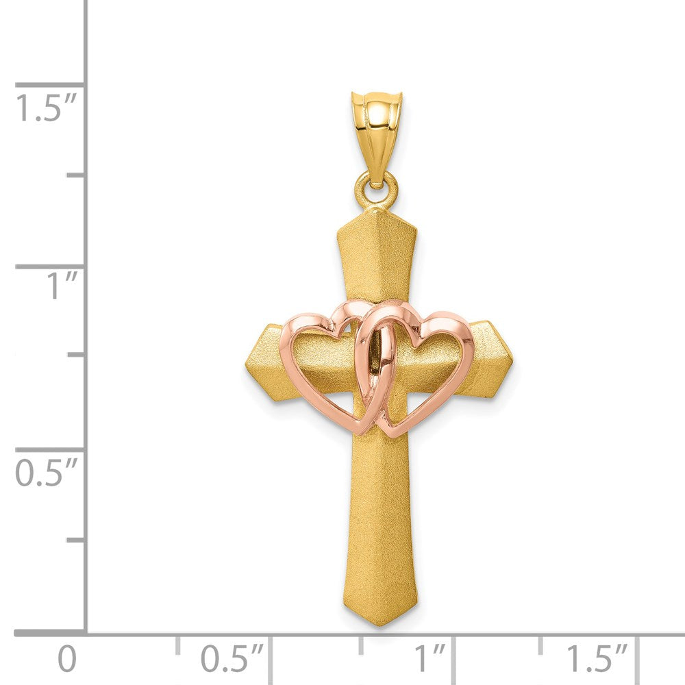 Million Charms 14K Two-Tone Double Heart Relgious Cross Charm