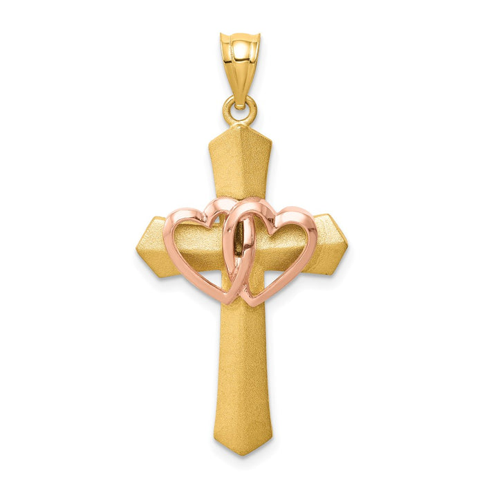 Million Charms 14K Two-Tone Double Heart Relgious Cross Charm