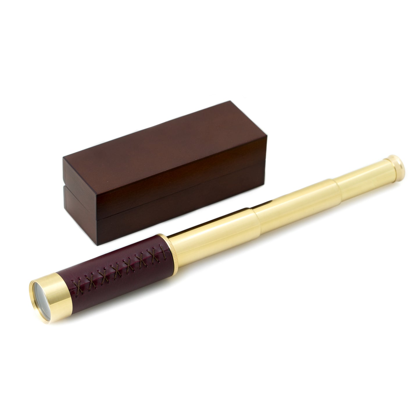 Occasion Gallery Brown Color Brass 30 mm Telescope with 25X Magnification and Brown Leather Trim in Wood Presentation Box. 6 L x 2.15 W x 1.85 H in.