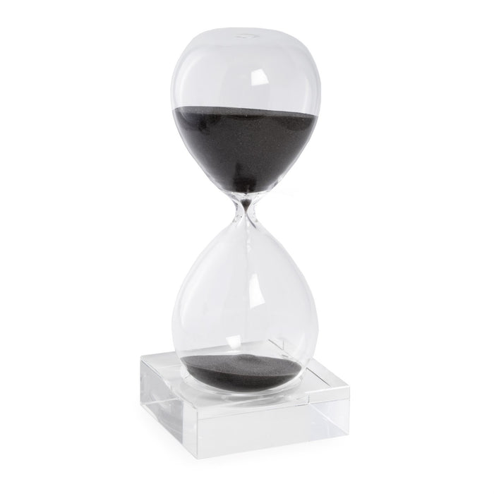 Occasion Gallery CLEAR/ BLACK Color 30 Minute Crystal Sand Timer on Crystal Base with Black Sand.  3.5 L x 3.5 W x 9 H in.