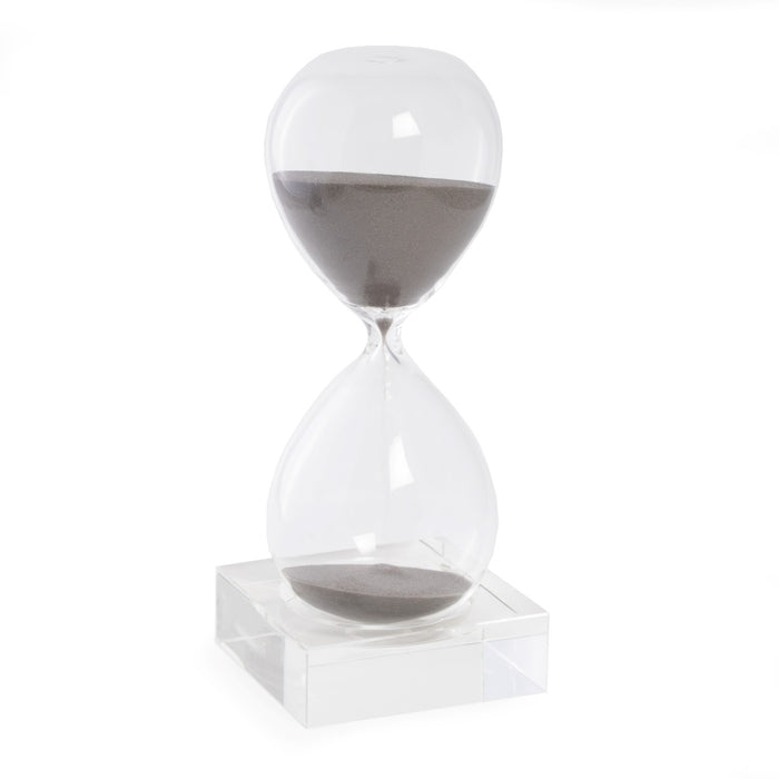 Occasion Gallery CLEAR/ GRAY Color 30 Minute Crystal Sand Timer on Crystal Base with Grey Sand.  3.5 L x 3.5 W x 9 H in.