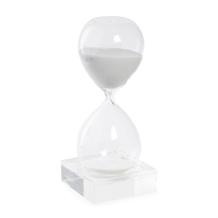 Occasion Gallery CLEAR/ WHITE Color 30 Minute Crystal Sand Timer on Crystal Base with White Sand.  3.5 L x 3.5 W x 9 H in.
