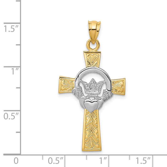 Million Charms 14K Two-Tone Claddagh Relgious Cross Pendant