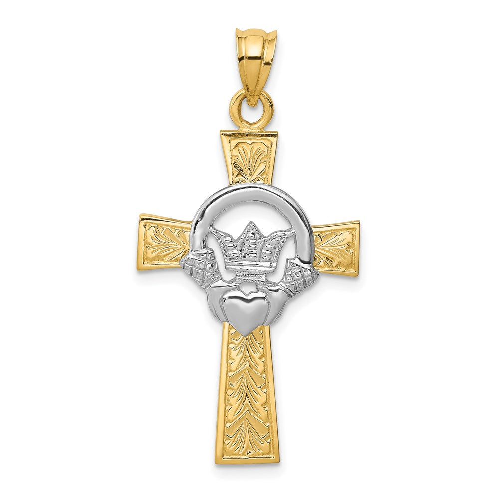 Million Charms 14K Two-Tone Claddagh Relgious Cross Pendant
