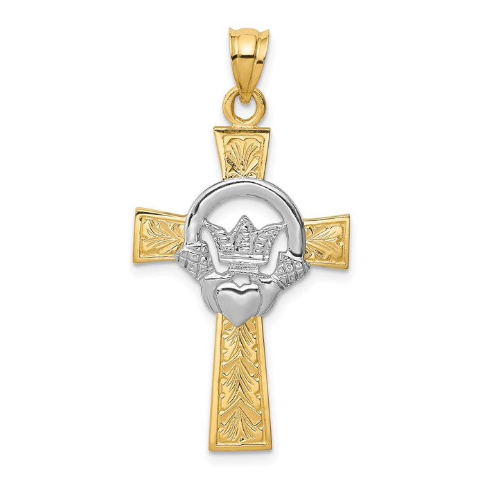 Million Charms 14K Two-Tone Claddagh Relgious Cross Pendant