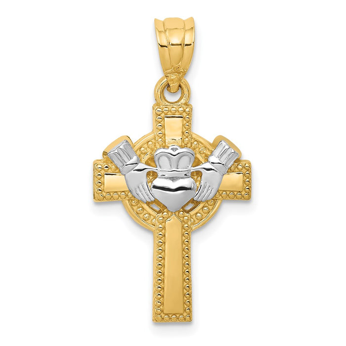 Million Charms 14K Two-Tone Claddagh Relgious Cross Pendant