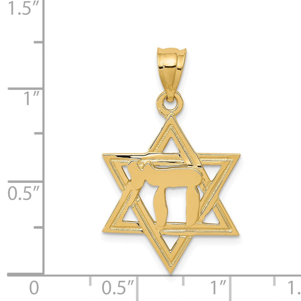 Million Charms 14K Yellow Gold Themed Solid Polish Chai In Religious Jewish Star Of David Charm